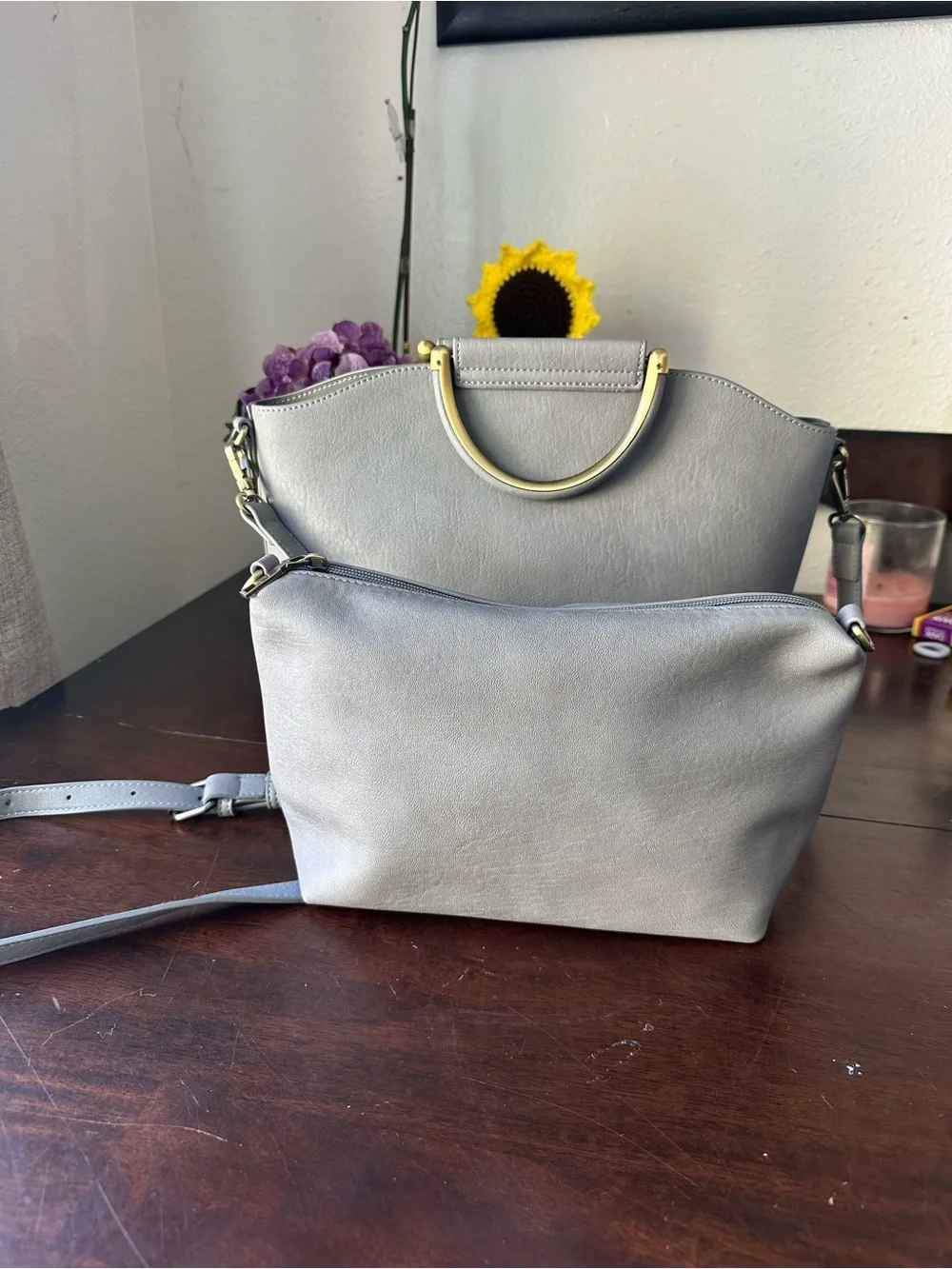 Antik Kraft Light Gray Crossbody Bag with Gold Handle
